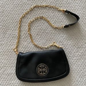 Black Leather Tory Burch Clutch with Removable Gold Chain Strap